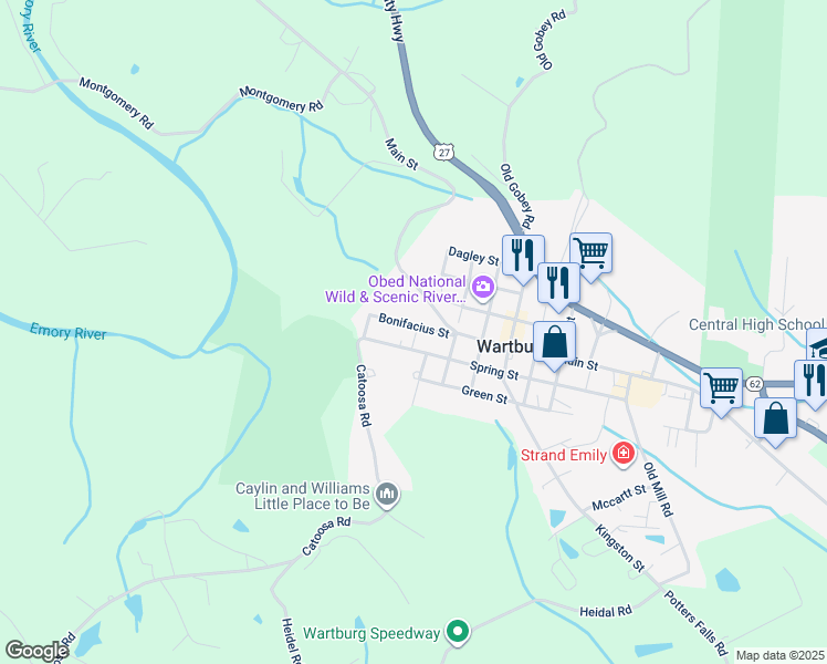 map of restaurants, bars, coffee shops, grocery stores, and more near 137 Spring Street in Wartburg