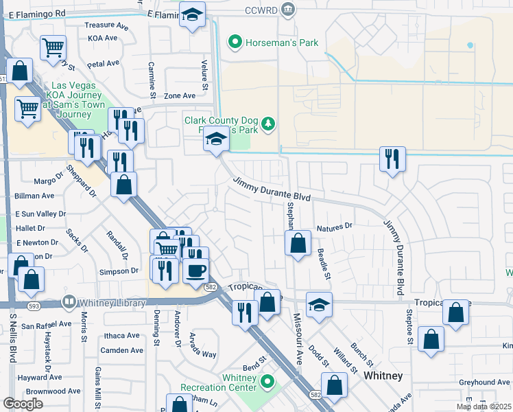 map of restaurants, bars, coffee shops, grocery stores, and more near 5710 East Tropicana Avenue in Las Vegas