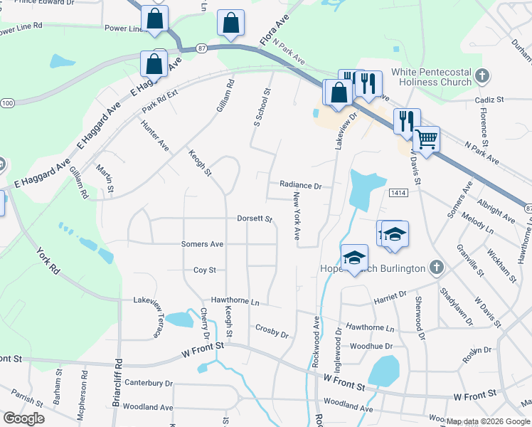 map of restaurants, bars, coffee shops, grocery stores, and more near 1929 Dorsett Street in Burlington