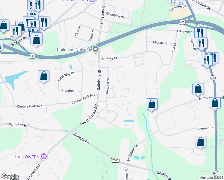 map of restaurants, bars, coffee shops, grocery stores, and more near 1220 Claxton Ridge Drive in Kernersville