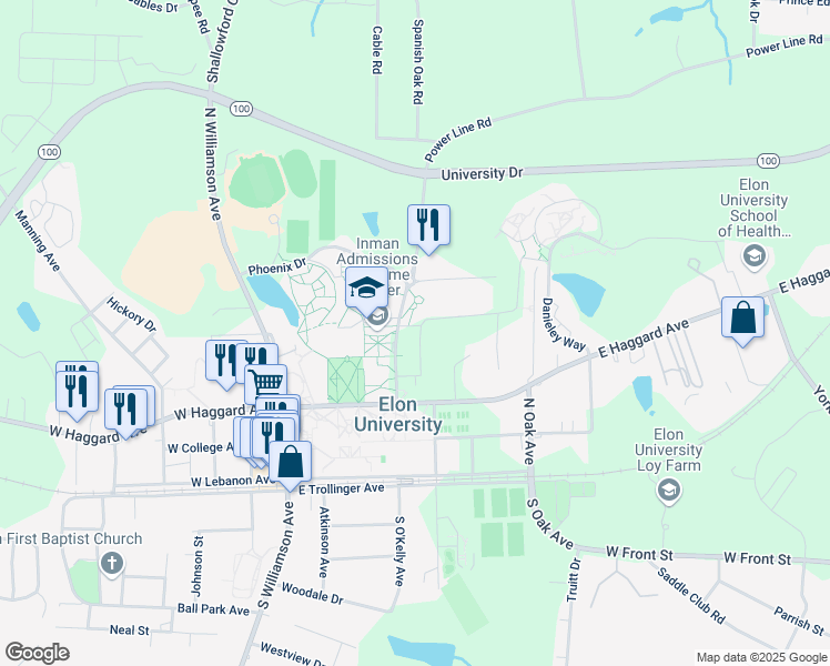 map of restaurants, bars, coffee shops, grocery stores, and more near 304 South Okelley Avenue in Elon
