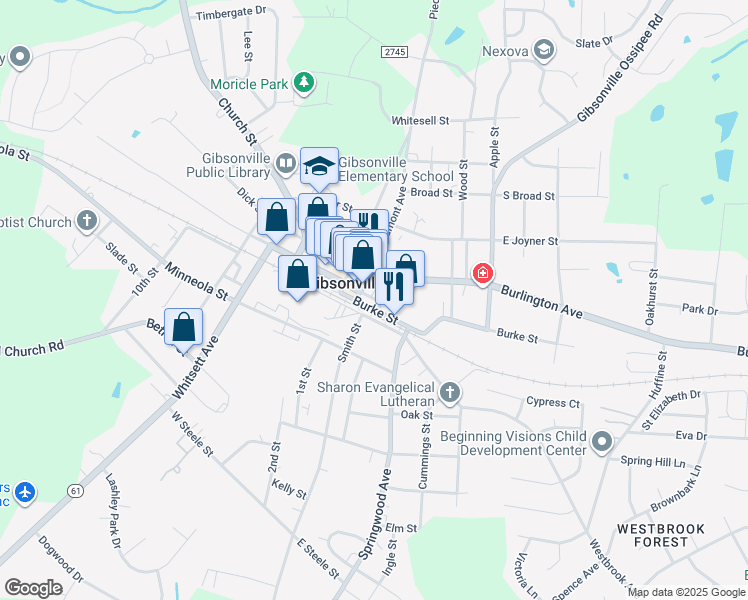 map of restaurants, bars, coffee shops, grocery stores, and more near 200 East Main Street in Gibsonville