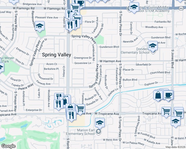 map of restaurants, bars, coffee shops, grocery stores, and more near 6736 Paljay Court in Las Vegas