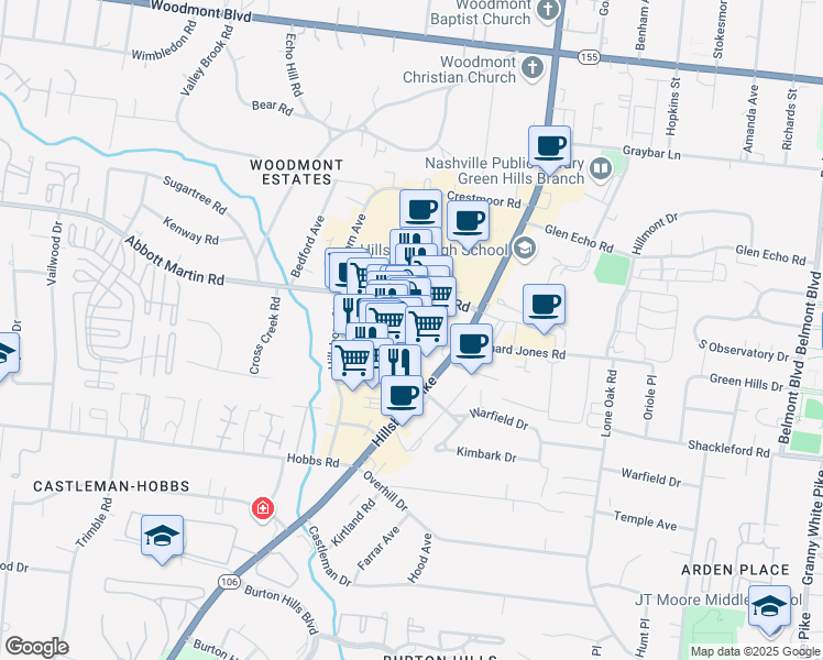 map of restaurants, bars, coffee shops, grocery stores, and more near 2130 Bandywood Drive in Nashville