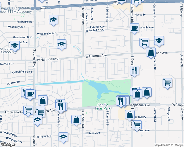 map of restaurants, bars, coffee shops, grocery stores, and more near 5415 West Harmon Avenue in Las Vegas