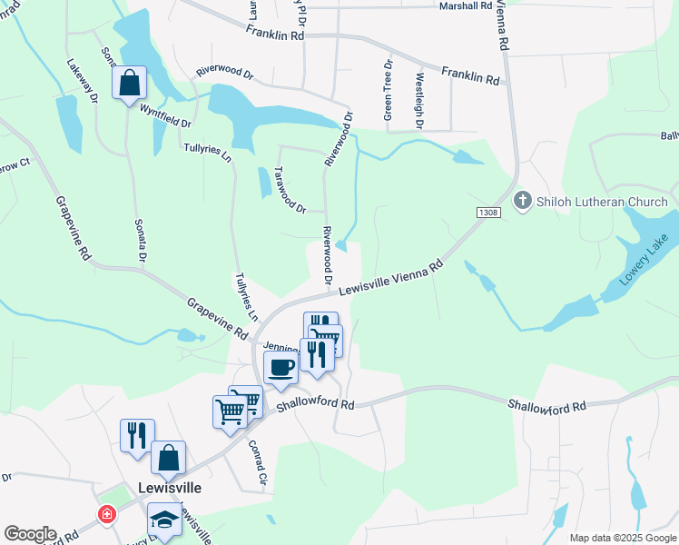 map of restaurants, bars, coffee shops, grocery stores, and more near 375 Riverwood Drive in Lewisville