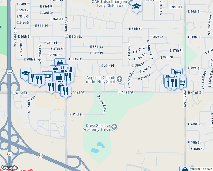 map of restaurants, bars, coffee shops, grocery stores, and more near 4024 South 118th East Avenue in Tulsa