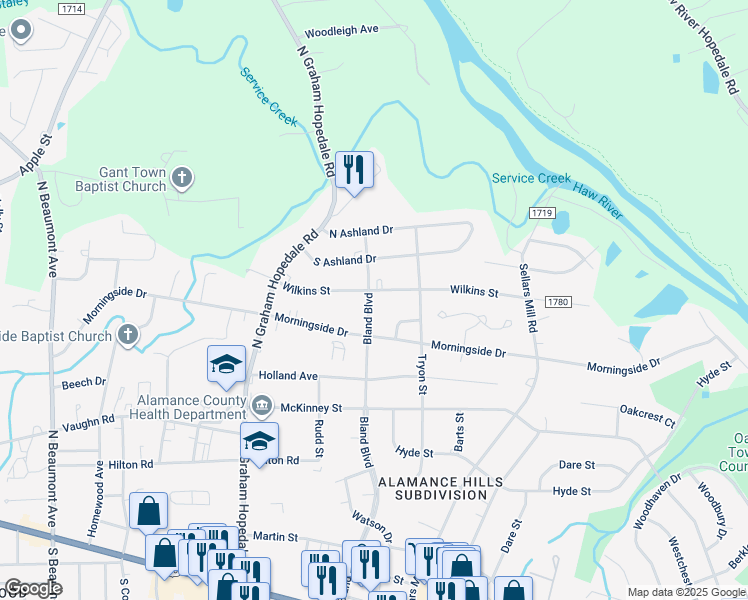 map of restaurants, bars, coffee shops, grocery stores, and more near 2105 Wilkins Street in Burlington