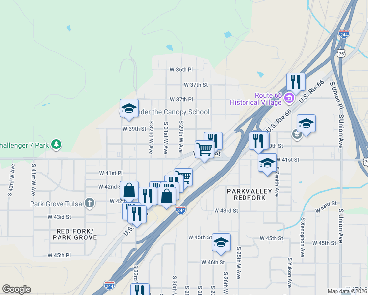 map of restaurants, bars, coffee shops, grocery stores, and more near 2824 West 40th Street in Tulsa