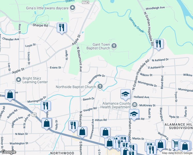 map of restaurants, bars, coffee shops, grocery stores, and more near 1439 Morningside Drive in Burlington