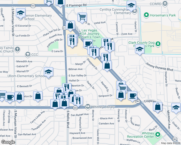 map of restaurants, bars, coffee shops, grocery stores, and more near 4636 Sacks Drive in Las Vegas