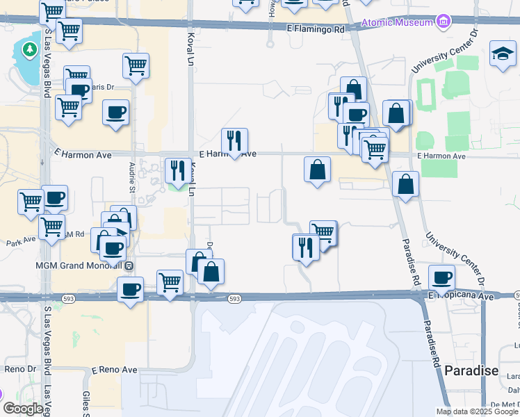 map of restaurants, bars, coffee shops, grocery stores, and more near 4670 Monterey Circle in Las Vegas