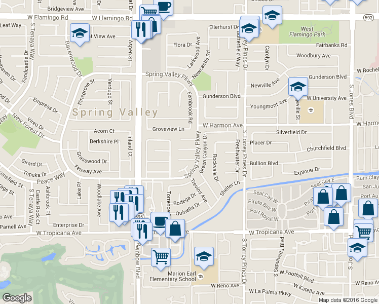 map of restaurants, bars, coffee shops, grocery stores, and more near 6736 Paljay Court in Las Vegas