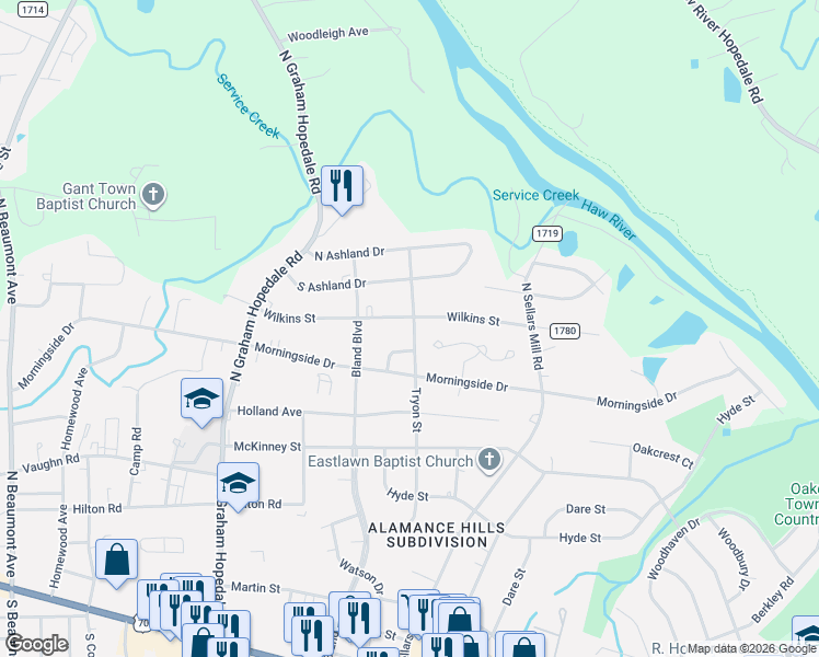 map of restaurants, bars, coffee shops, grocery stores, and more near 719 Tryon Street in Burlington