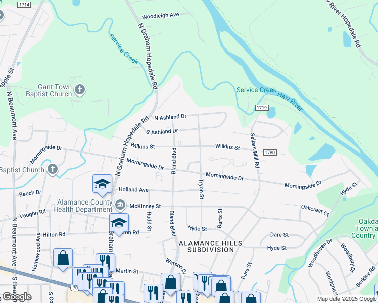 map of restaurants, bars, coffee shops, grocery stores, and more near 2117 Wilkins Street in Burlington