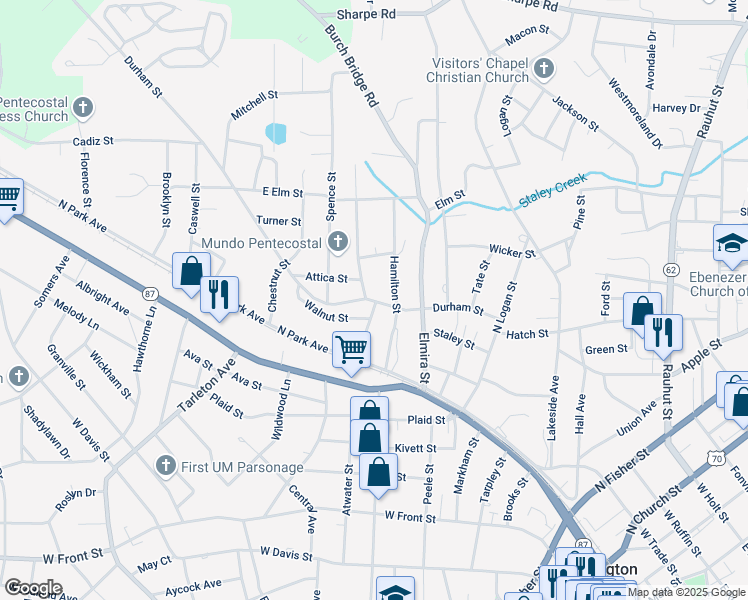 map of restaurants, bars, coffee shops, grocery stores, and more near 1012 Durham Street in Burlington