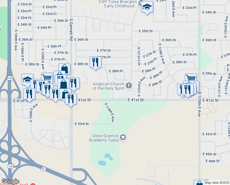 map of restaurants, bars, coffee shops, grocery stores, and more near 4024 South 118th East Avenue in Tulsa
