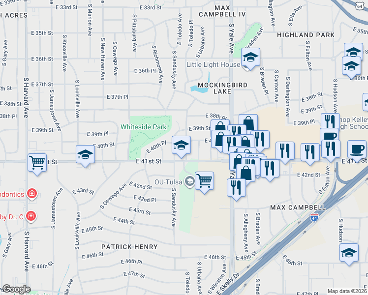 map of restaurants, bars, coffee shops, grocery stores, and more near 4020 South Toledo Avenue in Tulsa