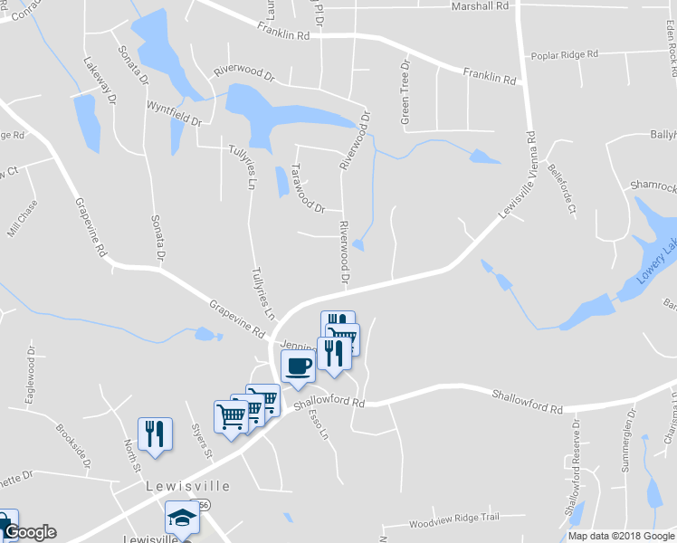 map of restaurants, bars, coffee shops, grocery stores, and more near 372 Riverwood Drive in Lewisville