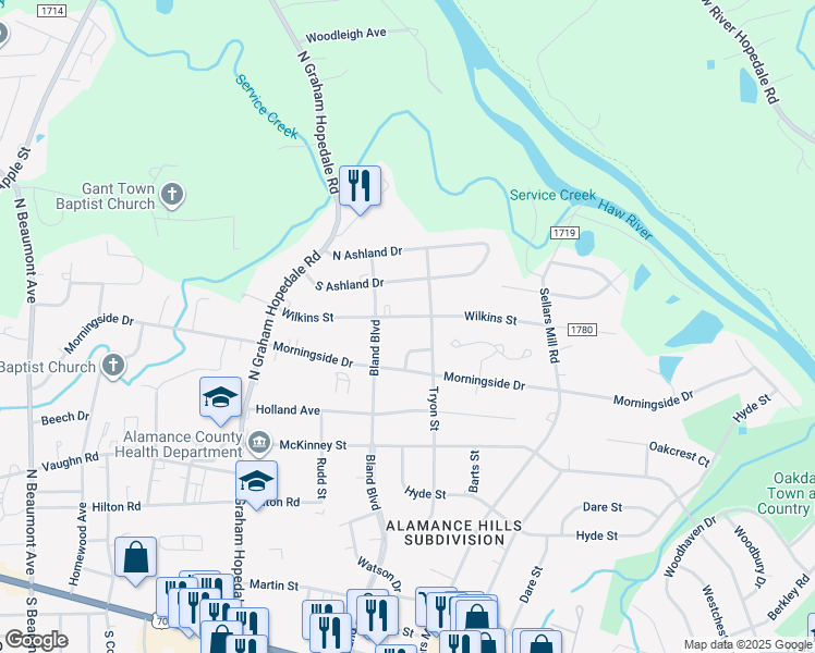 map of restaurants, bars, coffee shops, grocery stores, and more near 2117 Wilkins Street in Burlington