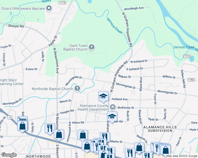 map of restaurants, bars, coffee shops, grocery stores, and more near 1536 Morningside Drive in Burlington