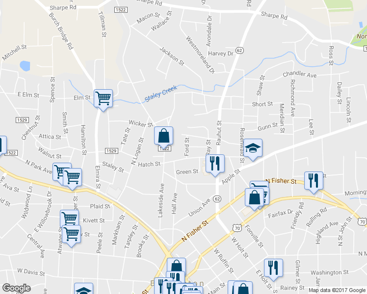 map of restaurants, bars, coffee shops, grocery stores, and more near 716 Ford Street in Burlington