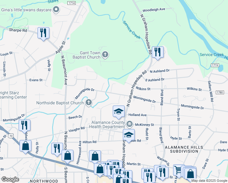 map of restaurants, bars, coffee shops, grocery stores, and more near 1536 Morningside Drive in Burlington