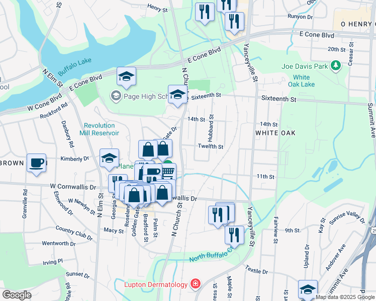 map of restaurants, bars, coffee shops, grocery stores, and more near 2314 North Church Street in Greensboro
