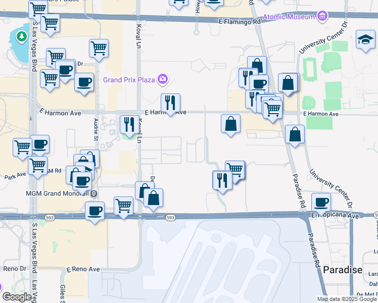 map of restaurants, bars, coffee shops, grocery stores, and more near 4670 Monterey Circle in Las Vegas