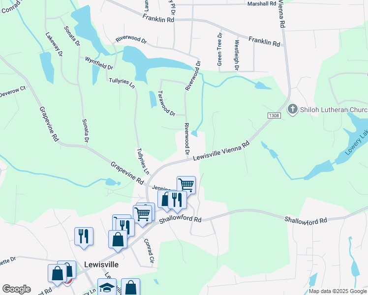 map of restaurants, bars, coffee shops, grocery stores, and more near 372 Riverwood Drive in Lewisville