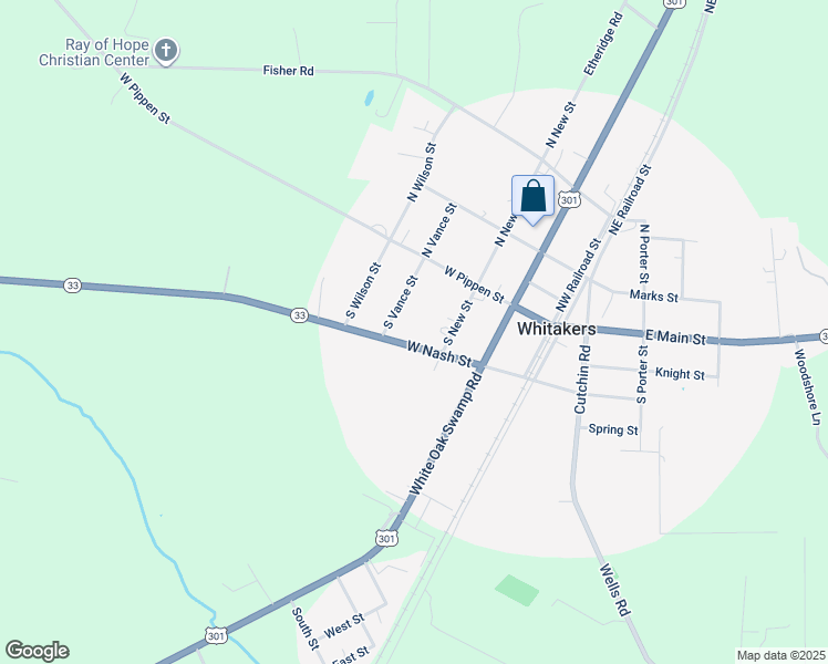 map of restaurants, bars, coffee shops, grocery stores, and more near 304 West Nash Street in Whitakers