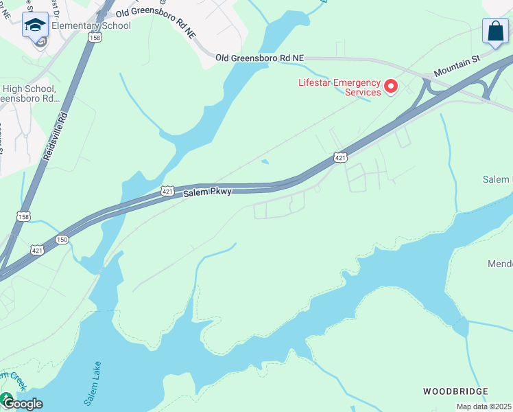map of restaurants, bars, coffee shops, grocery stores, and more near 1303 Forest Knolls Circle Southeast in Winston-Salem