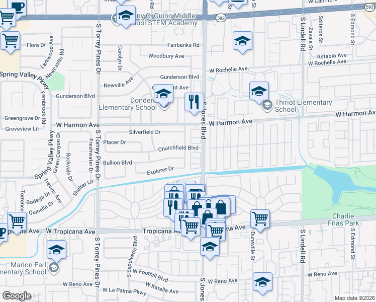map of restaurants, bars, coffee shops, grocery stores, and more near 6196 Bullion Boulevard in Las Vegas