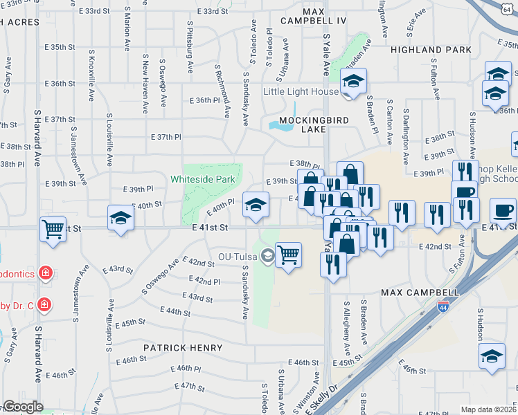 map of restaurants, bars, coffee shops, grocery stores, and more near 4020 South Toledo Avenue in Tulsa