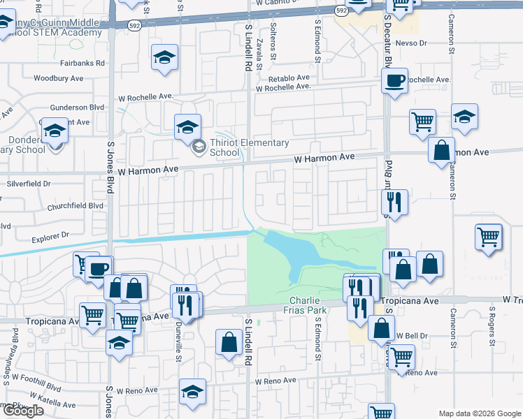map of restaurants, bars, coffee shops, grocery stores, and more near 5415 West Harmon Avenue in Las Vegas