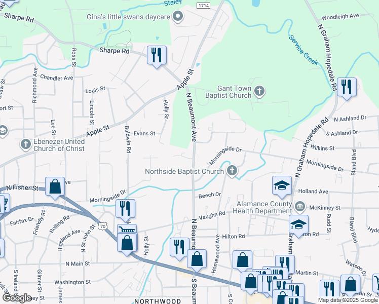 map of restaurants, bars, coffee shops, grocery stores, and more near 1398 Beaumont Court in Burlington