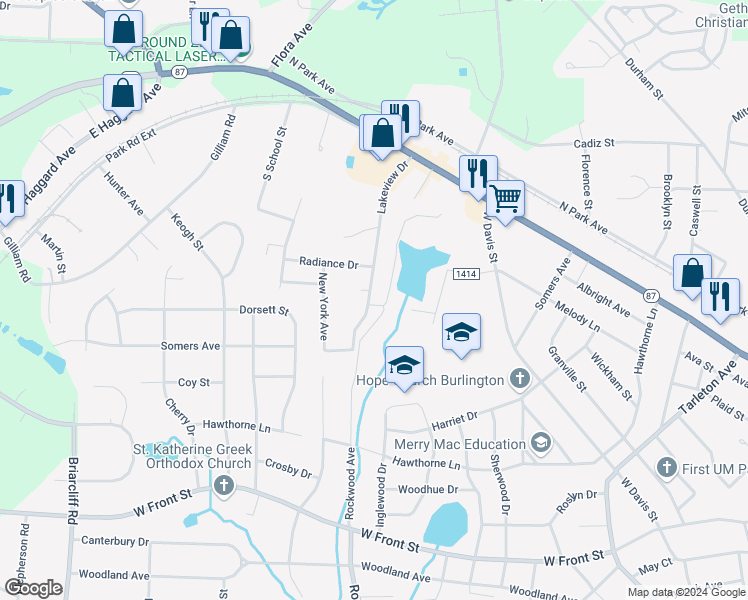 map of restaurants, bars, coffee shops, grocery stores, and more near 432 Lakeview Drive in Burlington