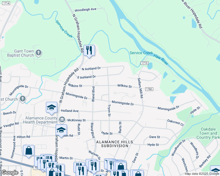 map of restaurants, bars, coffee shops, grocery stores, and more near 2203 Wilkins Street in Burlington