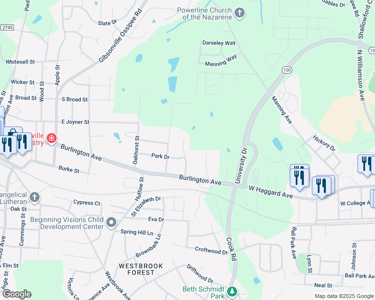 map of restaurants, bars, coffee shops, grocery stores, and more near 202 Sullivan Court in Gibsonville