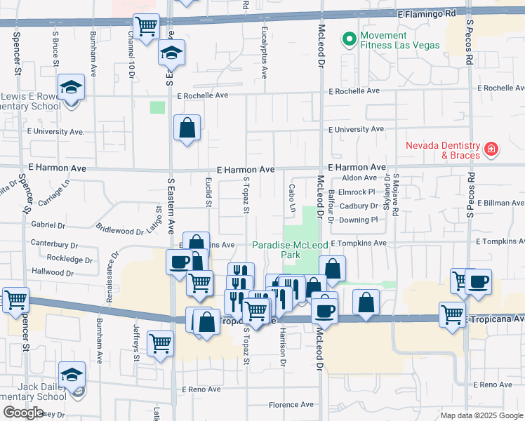 map of restaurants, bars, coffee shops, grocery stores, and more near 4620 Kristen Lane in Las Vegas
