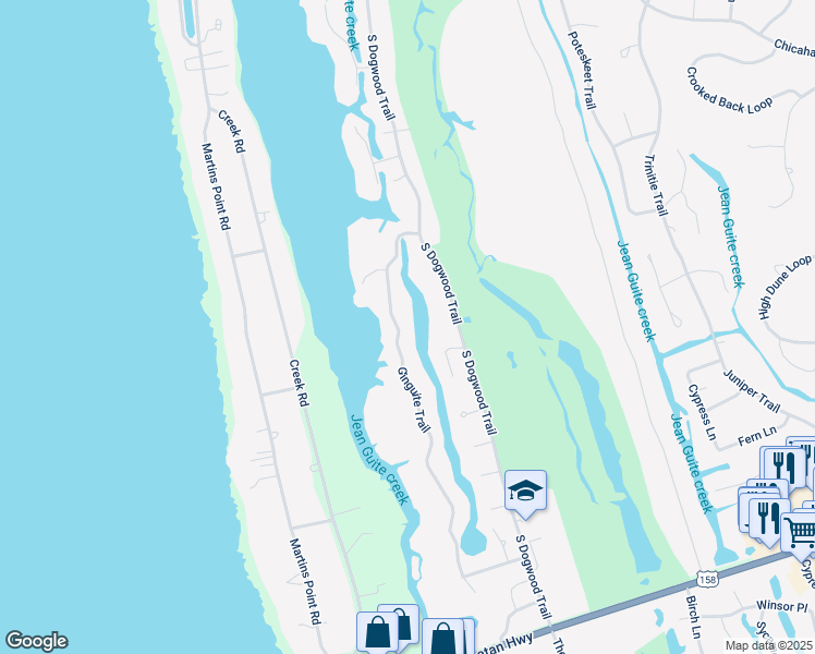 map of restaurants, bars, coffee shops, grocery stores, and more near 48 Ginguite Trail in Kitty Hawk
