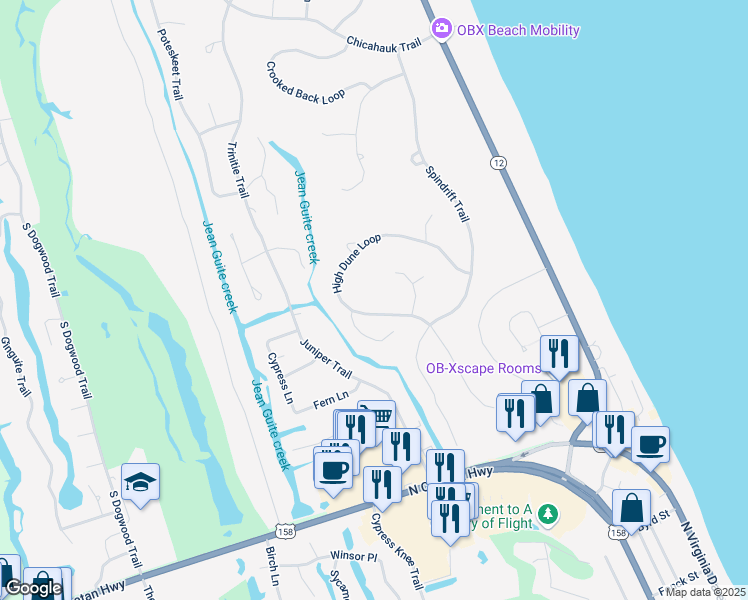 map of restaurants, bars, coffee shops, grocery stores, and more near 151 High Dune Loop in Kitty Hawk