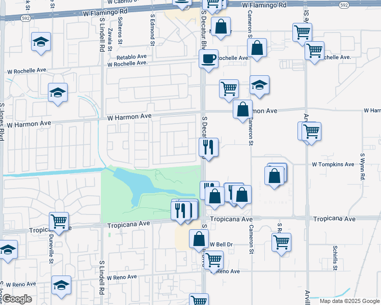 map of restaurants, bars, coffee shops, grocery stores, and more near 4650 East Royal Club Way in Las Vegas