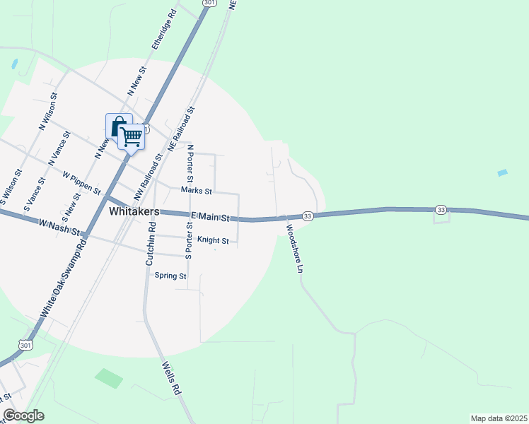 map of restaurants, bars, coffee shops, grocery stores, and more near 410 East Main Street in Whitakers