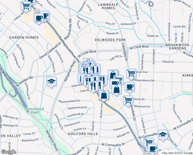 map of restaurants, bars, coffee shops, grocery stores, and more near 2500 Battleground Avenue in Greensboro