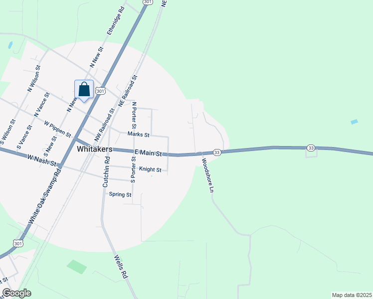 map of restaurants, bars, coffee shops, grocery stores, and more near 410 East Main Street in Whitakers
