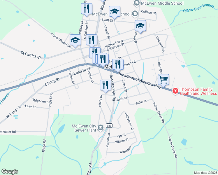 map of restaurants, bars, coffee shops, grocery stores, and more near 167 Bold Springs Road in McEwen
