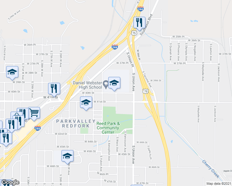 map of restaurants, bars, coffee shops, grocery stores, and more near 2275 South Waco Avenue in Tulsa