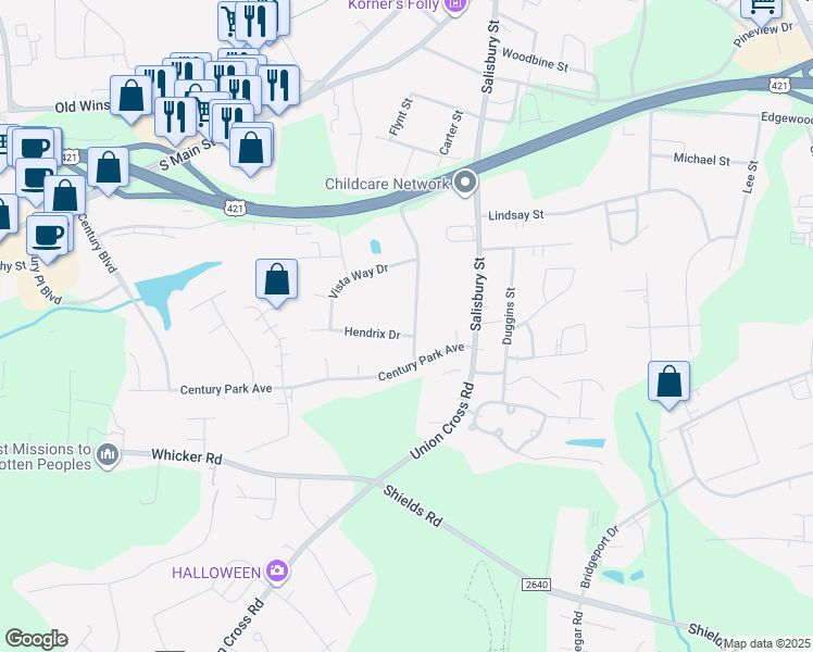 map of restaurants, bars, coffee shops, grocery stores, and more near 107 Hendrix Drive in Kernersville