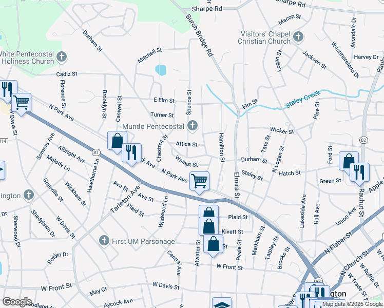 map of restaurants, bars, coffee shops, grocery stores, and more near 1019 Durham Street in Burlington